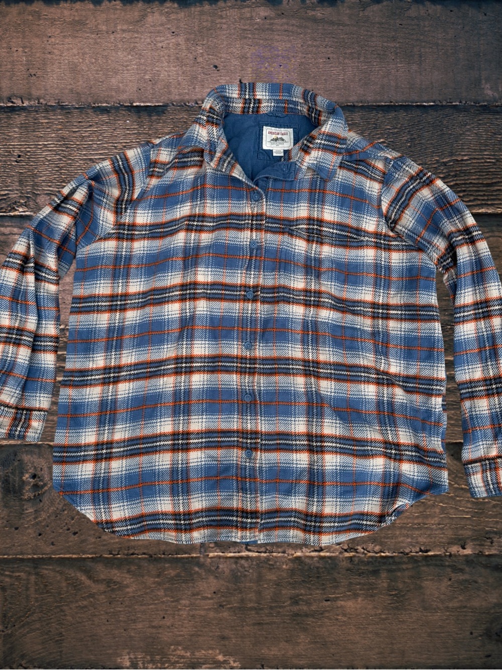 American Eagle Women’s Plaid Flannel Shirt M Blue Corduroy Trim Oversized Cotton